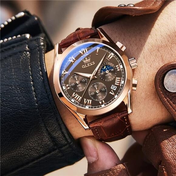 Men's Leather Strap Analog Quartz Watch - Fashion Big Dial Date Waterproof - Picture 3 of 7